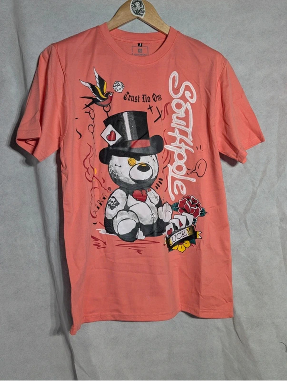 NWOT Southpole Graphic Tee Mens L Peach Tattoo Bear Trust No One Streetwear